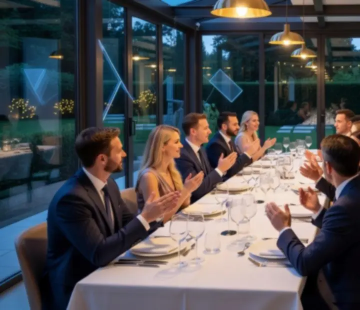 Elegancki wieczorny event rekreacyjny w Polsce z grupą gości przy stołach tematycznych