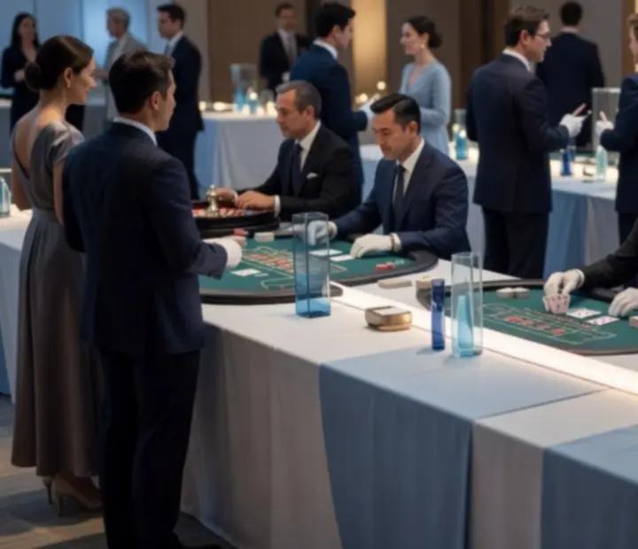 Atmosferyczne wydarzenie offsite z eleganckimi stołami i gośćmi przy pokerze, ruletce i blackjacku