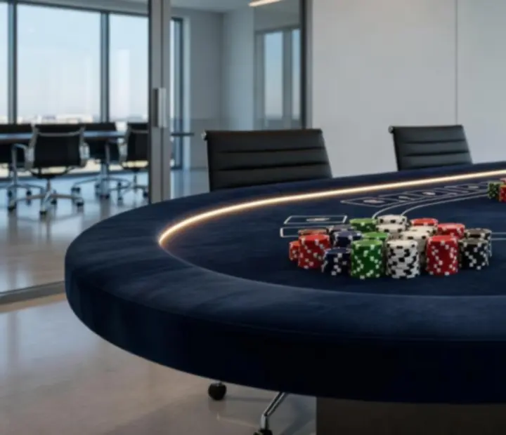 Profesjonalny stół pokerowy z żetonami i kartami przygotowany na event