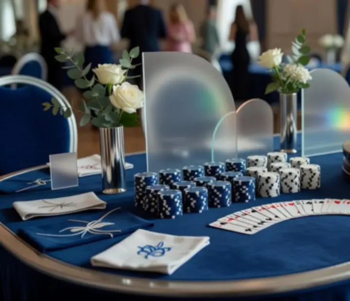 Stylowe stoły eventowe z kartami i żetonami w eleganckiej oprawie świetlnej